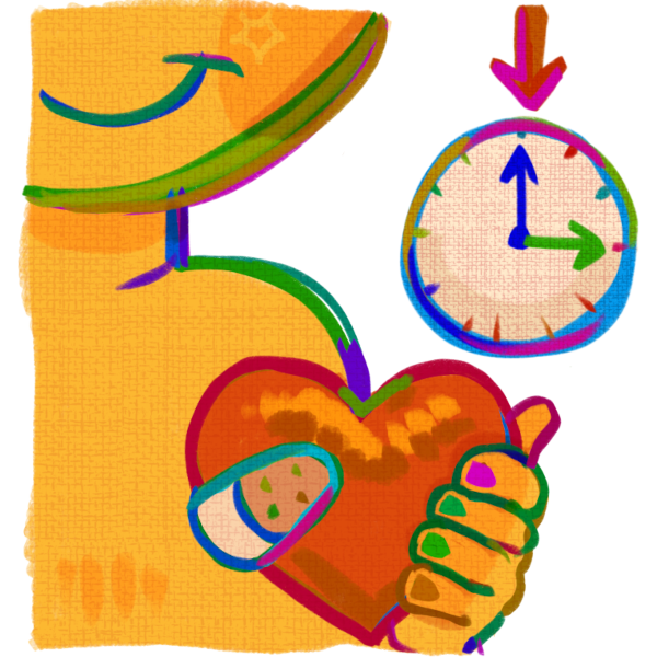 yellow person from close holding a heart with a bandage on it , next to them there is a clock with a tiny arrow over it pointing at it , indicating 'now' .